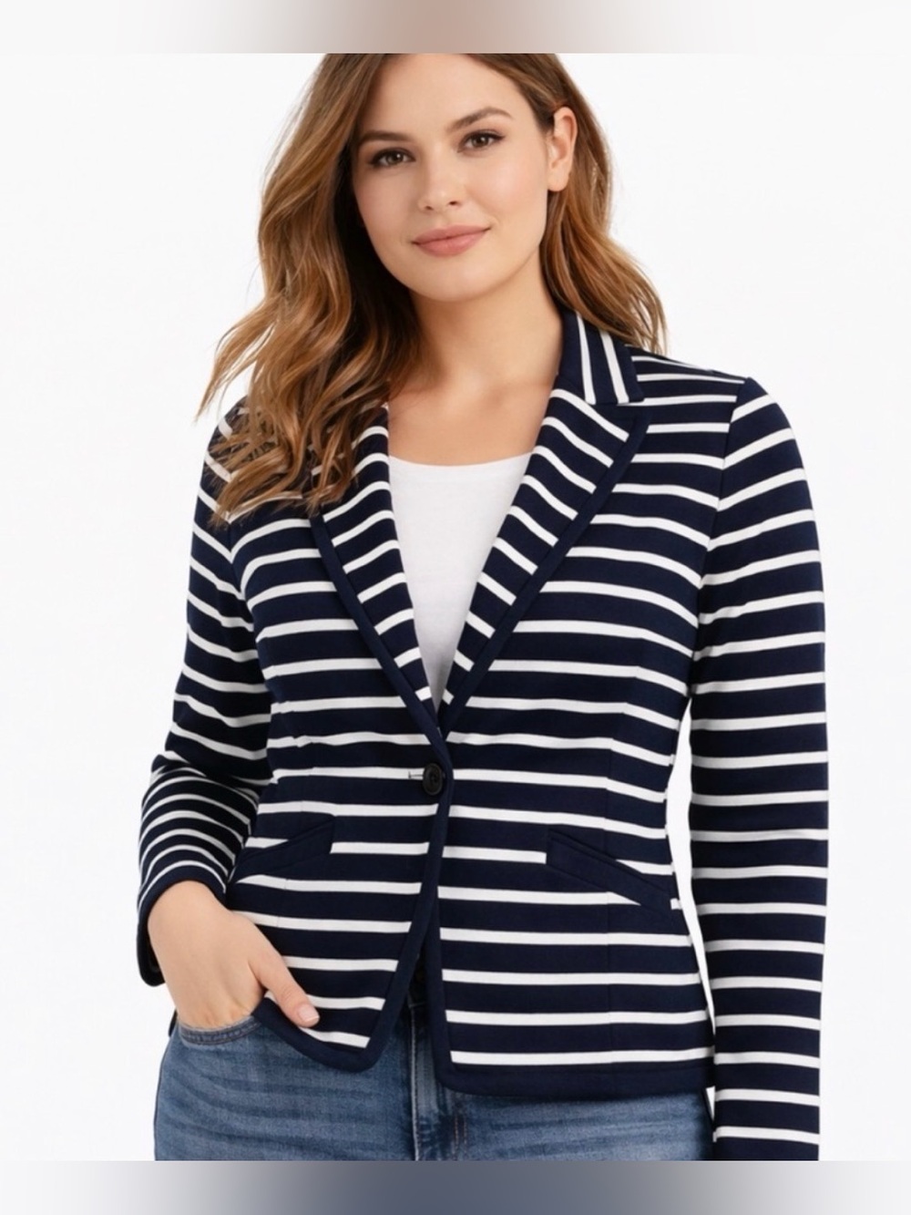 The Limited Women’s Knit One Button Blazer Navy & White Striped Size Small NWT